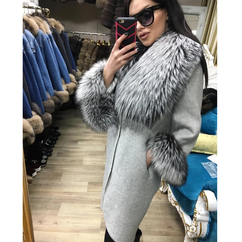 Hot Sale Cashmere Coat Women Sleeve Collar Natural Real Fox Fur Loose Genuine Leather Jacket Women Overcoat Real Fur Coat