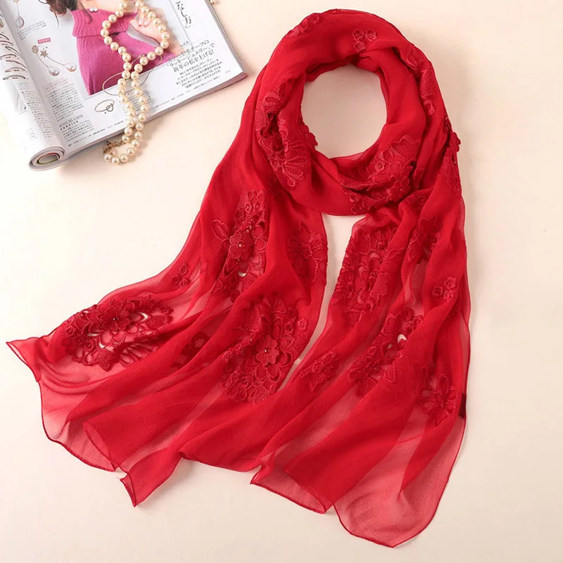 Чистый Шелковый шарф, модный женский шарф с вышивкой, натуральный шелк, шарфы для, мягкие женские пашмины шали, бандана, шарф хиджаб - Color: Red