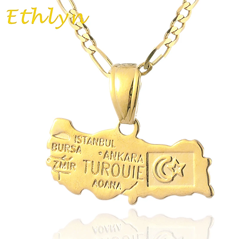 Ethlyn Copper Material Turkish Map Jewelry Pendant Necklace Gold Color