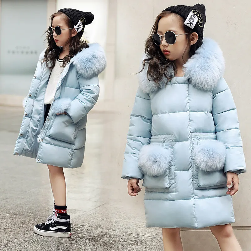 

2018 New Blue Children Winter Jacket Girl Winter Coat Kids Warm Thick Fur Collar Hooded long down Coats For Teenage 6 8 10 12 14
