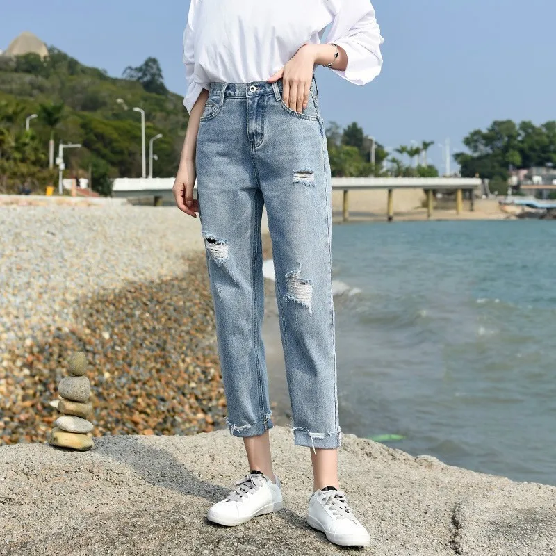 

Spring Summer Women Fashion Destroyed Ripped Hole Slim Denim Pants Boyfriend Jeans Trousers Ladies Casual Loose Straight Jean