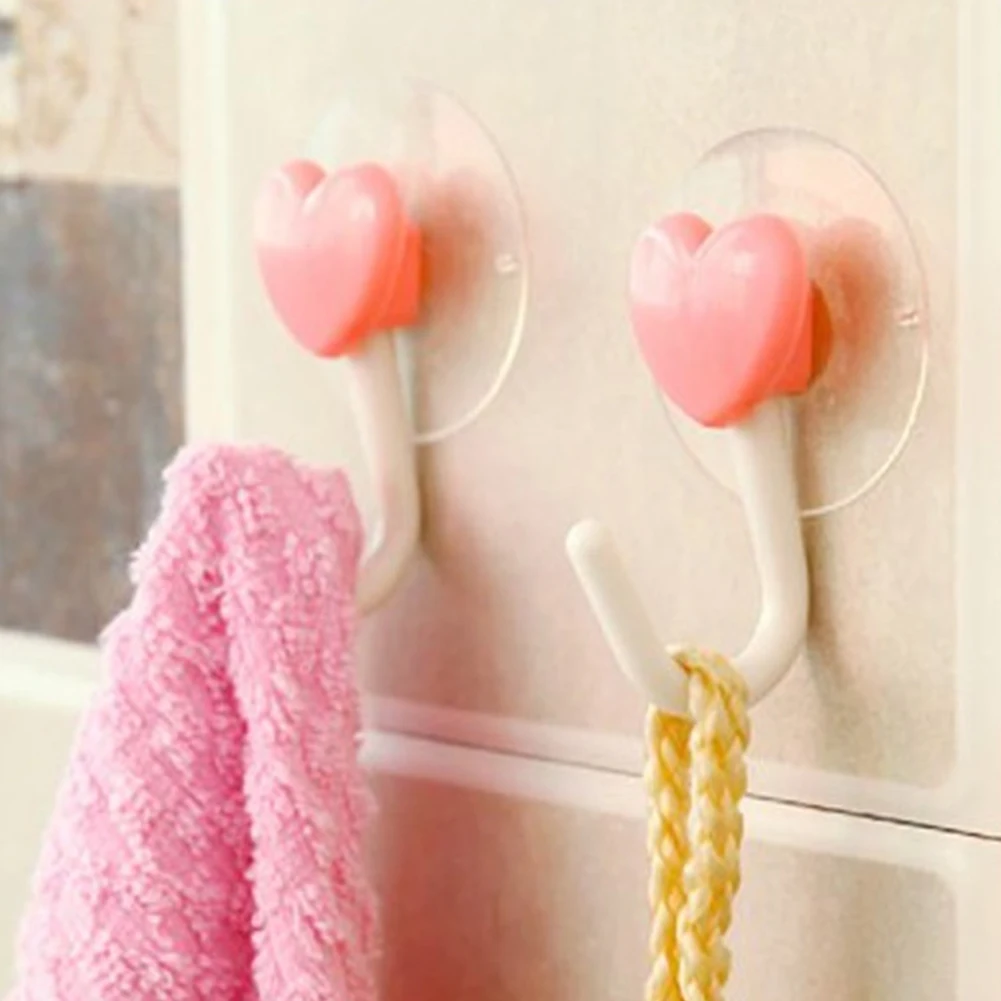 2 PCS/Lot Pink Love Heart Kitchen Bathroom Wall Hanger Hook Plastic Suction Cup Hooks Strong Wall Sucker Vacuum Traceless Hooks