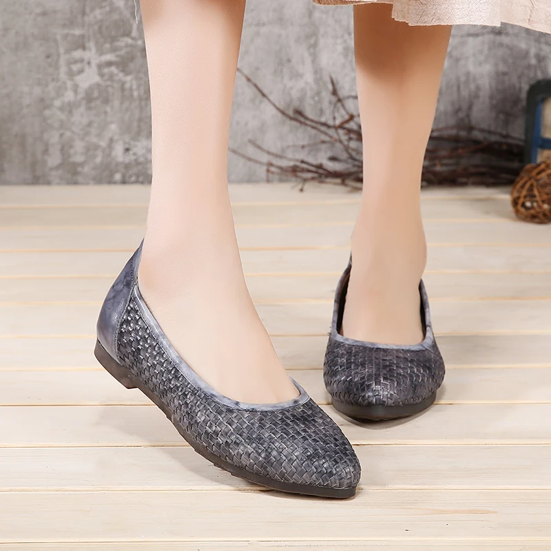 

VALLU Women Flats Pointed Toes Genuine Leather Slip on Handmade Weaving Vintage Women Driving Shoes