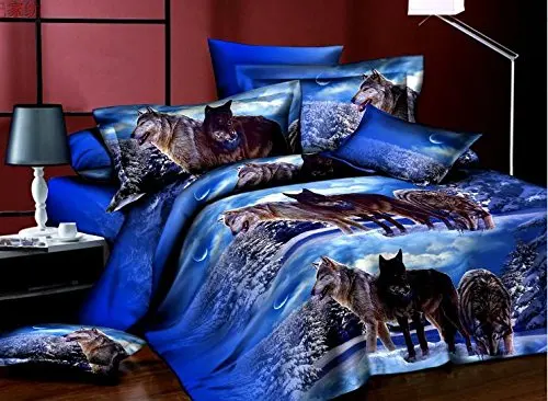 

WARM TOUR 3D Bedding Sets with Flat Sheet+Duvet Cover+2 Pillowcases 4 Piece Blue Wolf Bedding Polyester Duvet Cover Sets