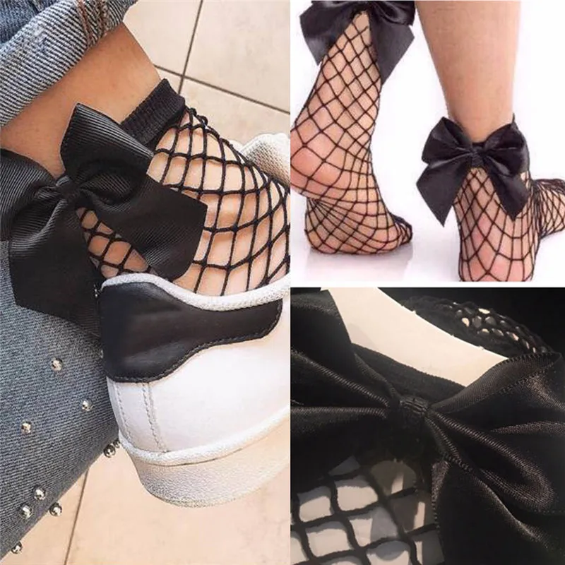 

1 Pair Large Fishnet Ankle High Socks Hollow Thin Bow Tie Mesh Lace Fish Net Short Socks Female Lolita Cosplay Accessory