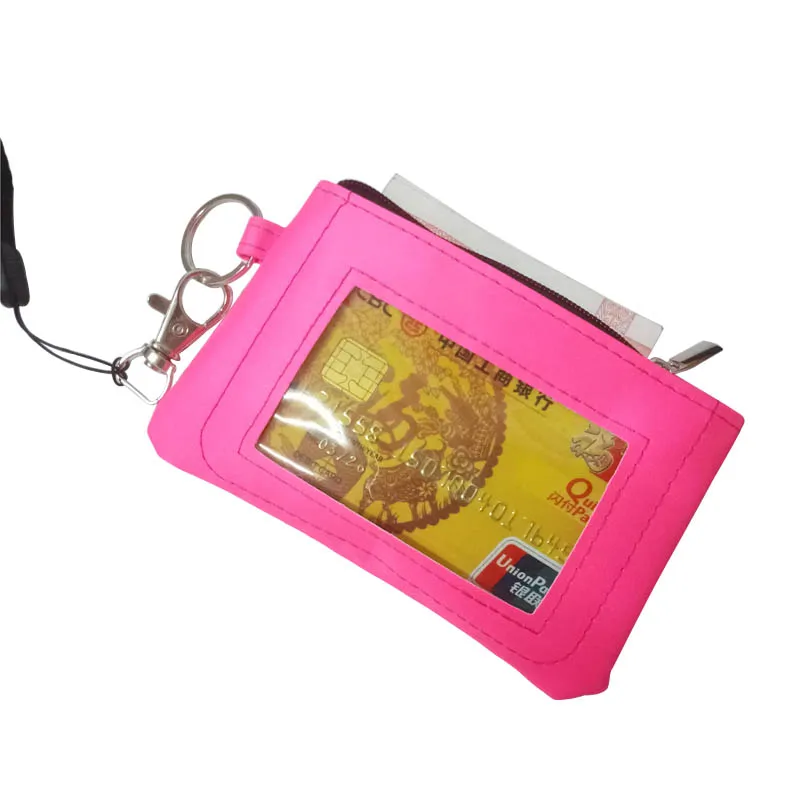 Однотонный кошелек для мелочи из искусственной кожи с окошком для удостоверения личности для женщин, маленький карман на молнии с черным шейным ремешком, держатель для карт, сумка