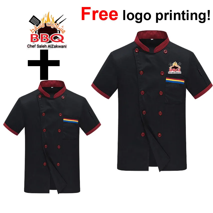 

Free Customize Logo Printing Chef Jackete Uniform Food Service Kitchen Cook Wear Double Breasted Shirt Tops Unisex Wholesale
