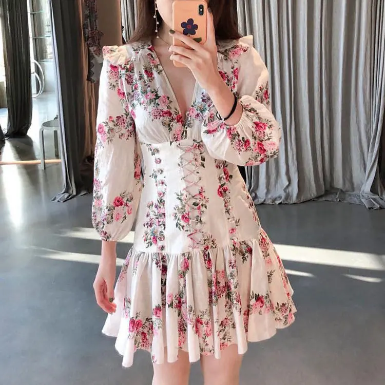 

Women 2019 New 100% Linen Floral Summer V-neck Waist Lacing Slim Fit Retro Lantern Sleeve Mini Dress