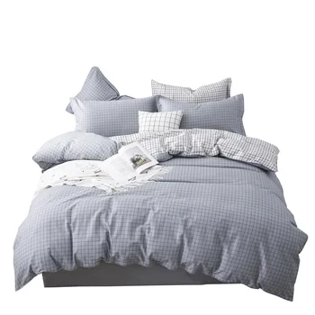 

lgrey and whilte plaid 78"x90" duvet cover flat sheet pillow case Reactive printed cotton 4pcs bedding sets
