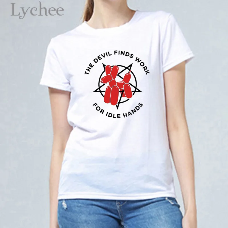 

Lychee Harajuku Devil Print Female T Shirts Top Tees Crew Neck Short Sleeve Loose Summer Spring Women T-shirts Top Tees