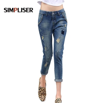 

SIMPLISER Mid Waist Distressed Jeans New Ladies Cotton Denim Pants Stretch Womens Ripped Skinny Denim Jeans Trousers 2018