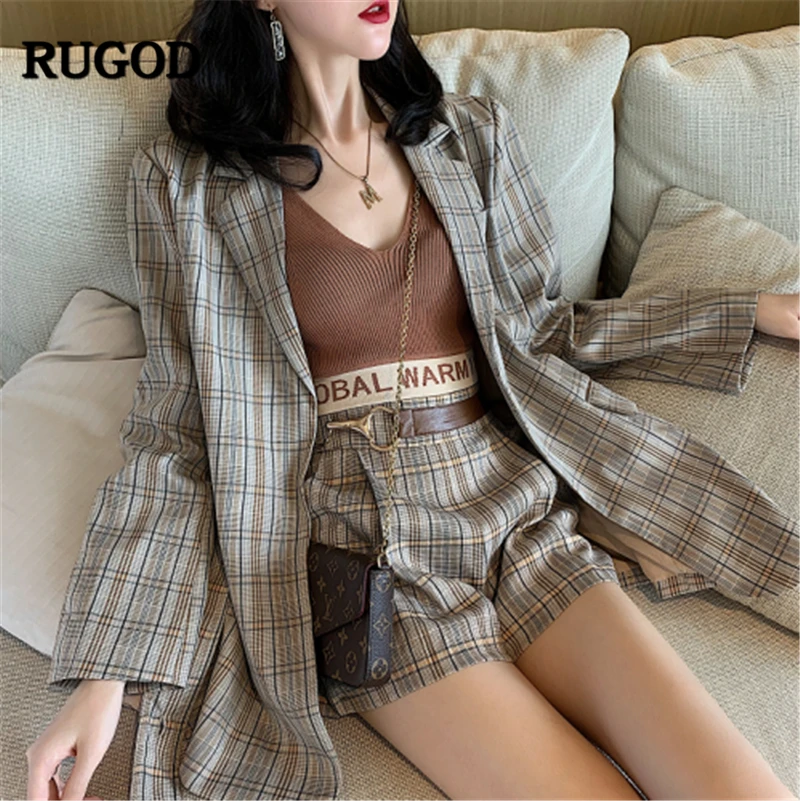 

RUGOD 2019 New Autumn Women Three-piece Suit Plaid Coat And Shorts Sexy Vest Stylish Female Set Temperament Office Lady Wearing