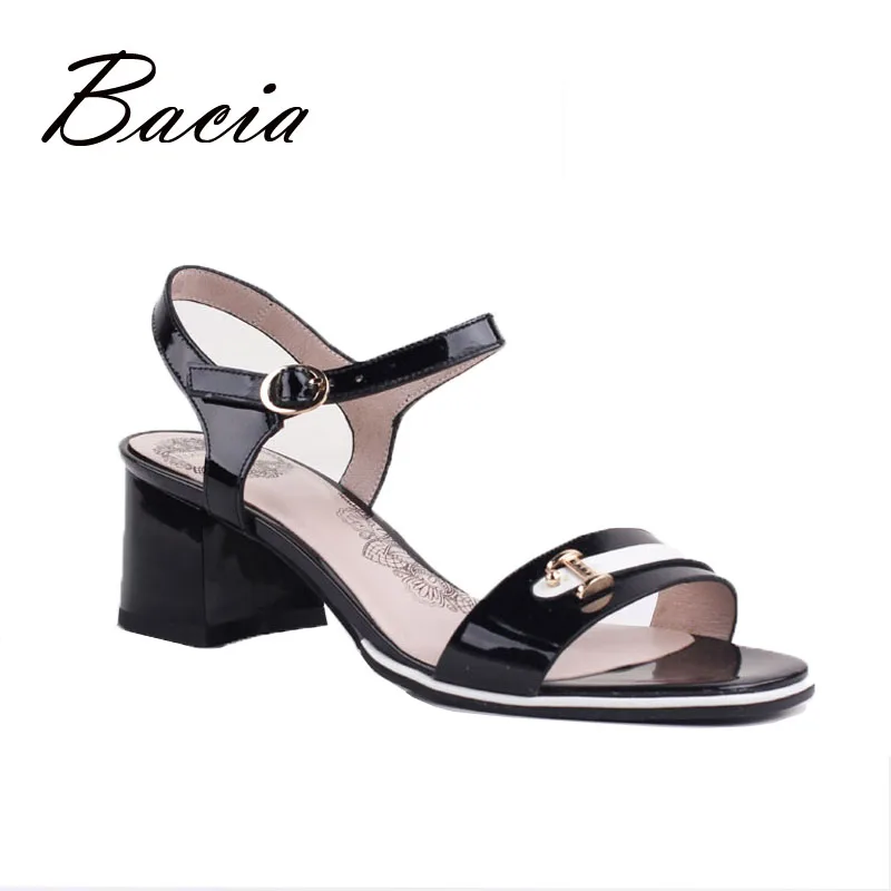

Bacia Black Patent Leather Sandals Open Toe Square Heels Black Elegant Metal Decor Shoes Ankle-Strap Fashion Quality Shoes VB059