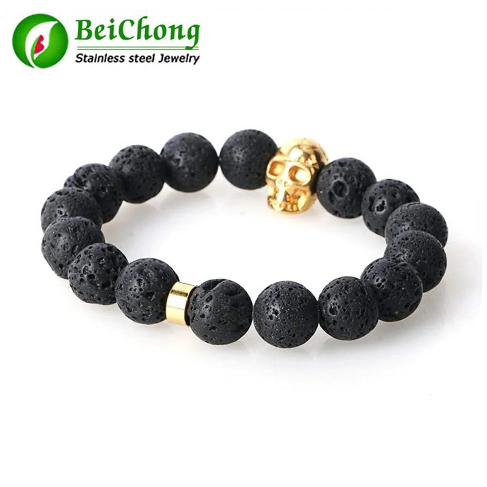 

(10 pieces/lot) Fashion Natural Stones Bracelet For Women Lava Stone Beads Bracelet Men Stainless Steel Skull Bracelet Men