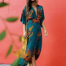 Женское платье в стиле бохо с цветочным принтом, с v-образным вырезом, до середины икры, с коротким рукавом, с высокой талией, пляжные, вечерние, уличная одежда, платье, сарафан