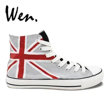 Вэнь дизайн флаг Юнион Джек ручная окрашенные кроссовки индивидуальные мужские женские синие серые высокие парусиновые туфли для подарков