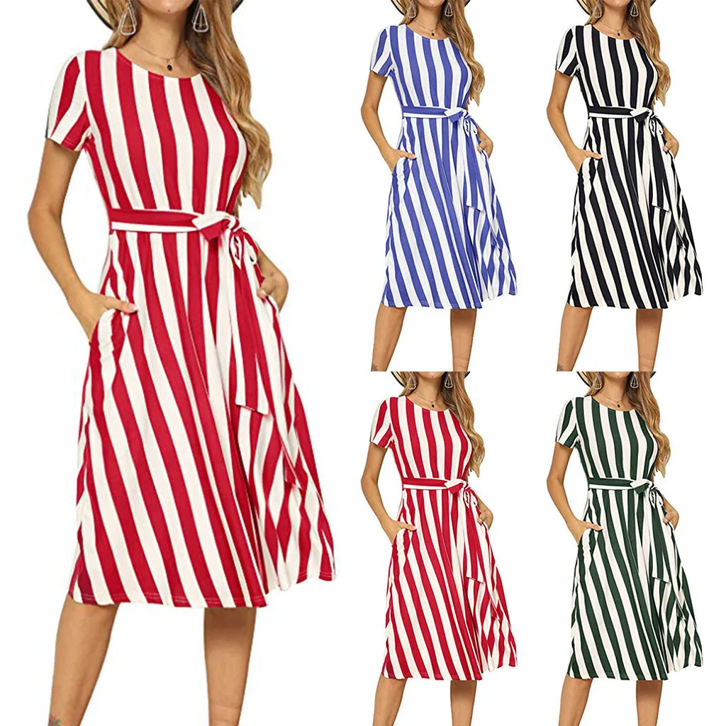 

2019 New Styl ish Robe Vintage Bohemian Women's Summer Sleeve Beach Striped Pattern Printed Short Dress Robe de mode pour dames
