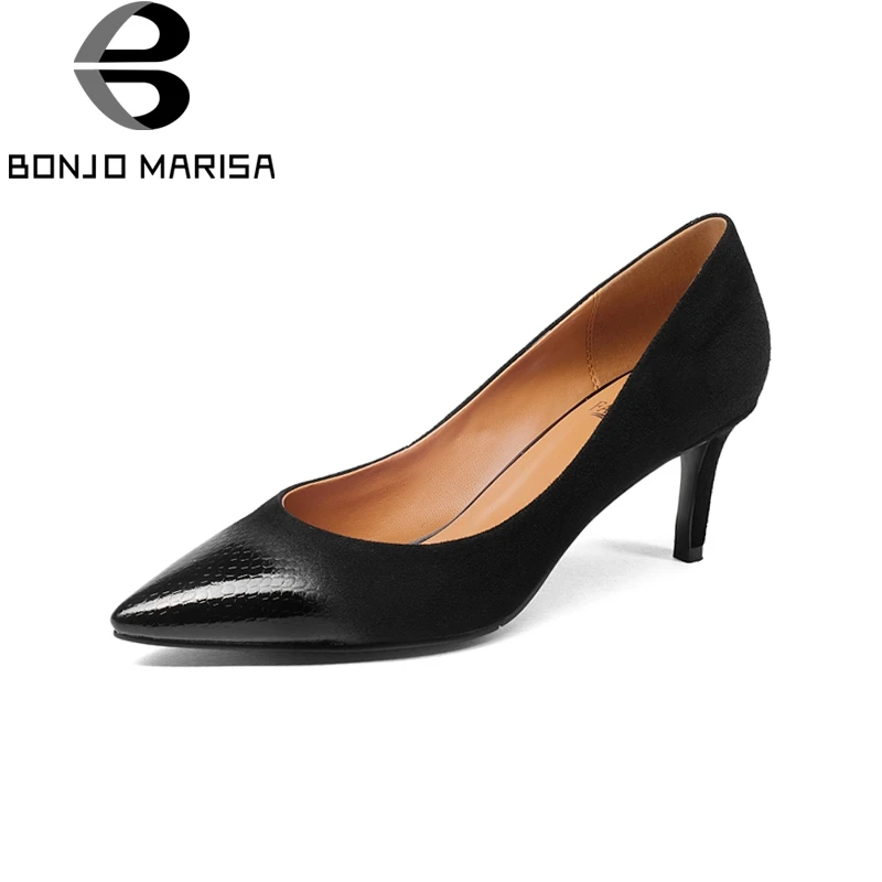 

BONJOMARISA Brand New Genuine Leather Thin High Heels Solid Best Quality Shallow Shoes Woman Casual Office Spring Pumps