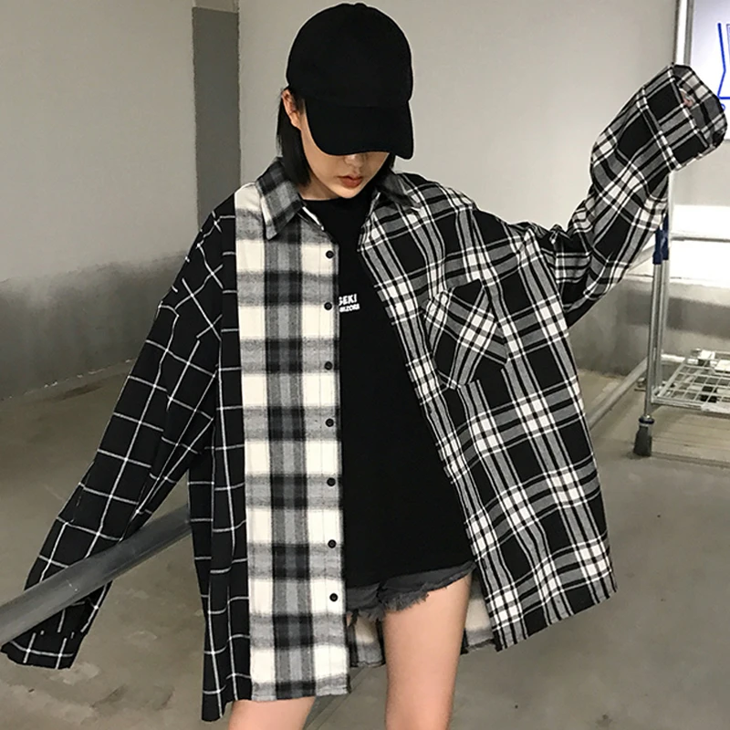 

2019 spring summer women's new large size plaid shirt jacket BF Korean version loose thin stitching Single-breasted shirt coatz3