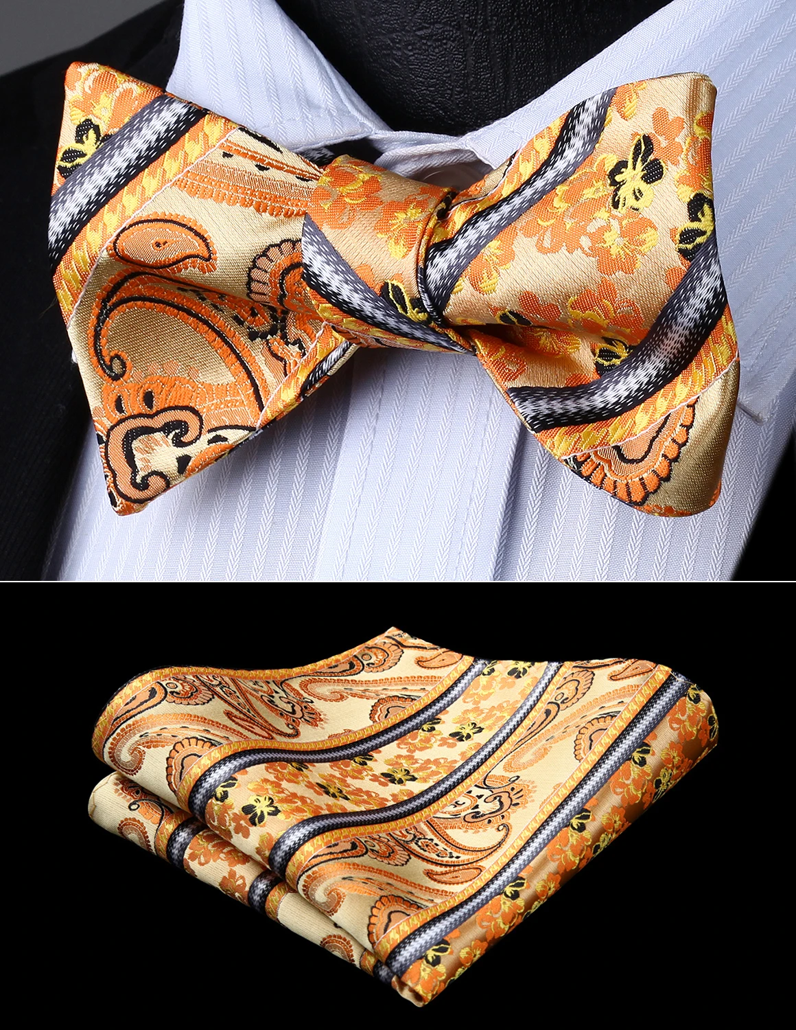 Bow Tie handkerchief set Men Woven Party Wedding Orange Brown Paisley
