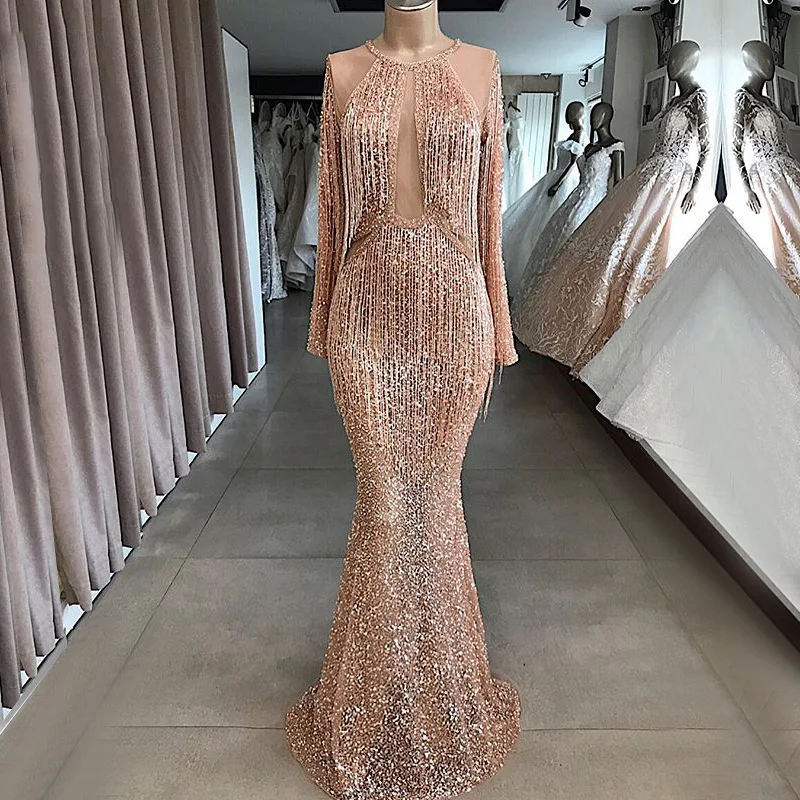 

Luxury Long Evening Dress 2019 Lebanon Mermaid Long Sleeve Heavy Beaded Sequined Arab Dubai Women Formal Evening Gown