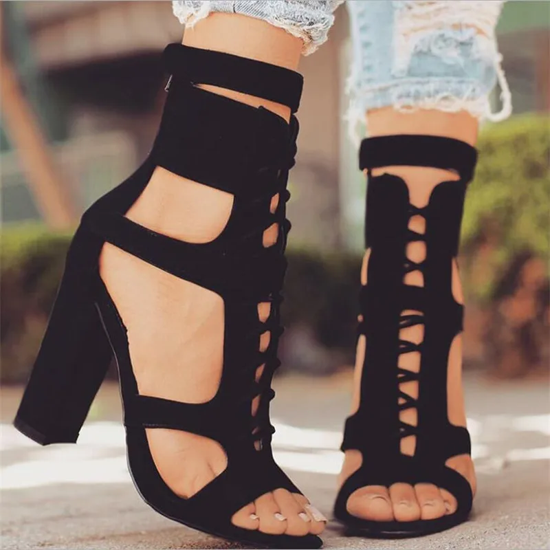 

Flock Women Sandals Gladiator High Heels Strap Pumps Lace-up Female Shoes Fashion Summer Ladies Woman Shoes 10.5CM