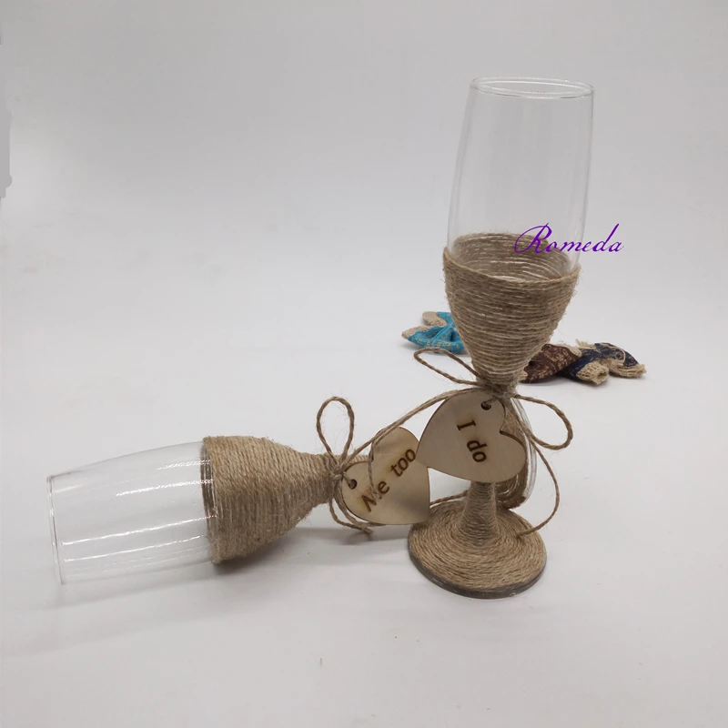 

1Pair/lot Me too & I Do Jute Wedding Glasses Burlap Champagne Toasting Glasses for wedding decoration