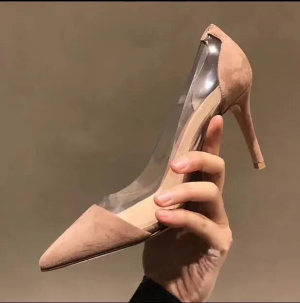 

New shallow mouth nude suede film stitching leather work shoes pointed stiletto women's shoes high heels