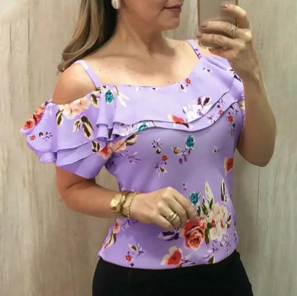 S-5XL Women's Off Shoulder Blouse 2019 Summer Flowers Print Oversized Tops Ladies Casual Ruffle Sleeve Loose Shirt Plus Size - 33022343425