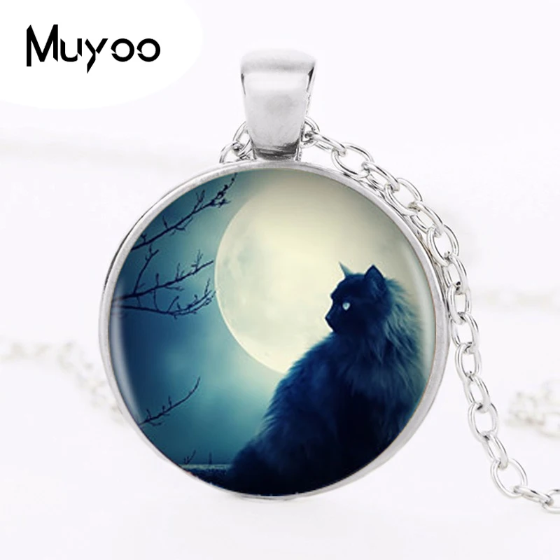 Cat Pendant Necklace Different Styles Moon Charm Handmade Round Necklace For Women Men Round Photo HZ1