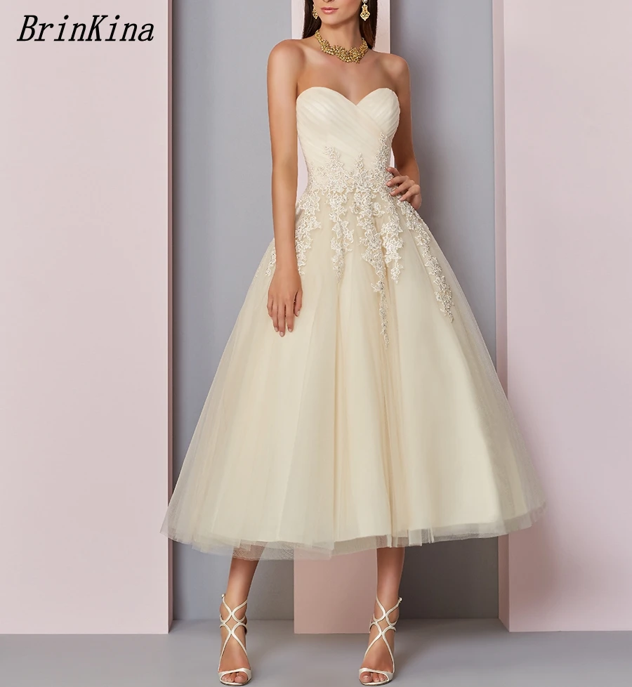 

2019 Lovely Ball Gown Sweetheart Applique Lace with Beadings Pleated Tulle Tea Length Bridal Wedding Gown Dance Dress for Bride
