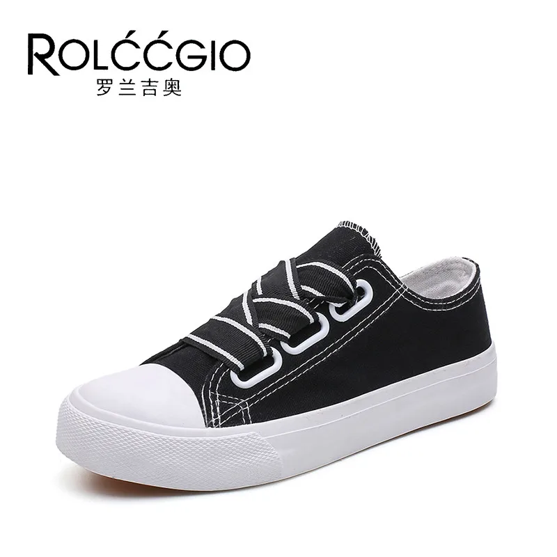 

ROLCCGIO Korean Style Women Canvas Vulcanized Shoes Wide Shoelace Fashion Girl Sneakers Young Single Shoe