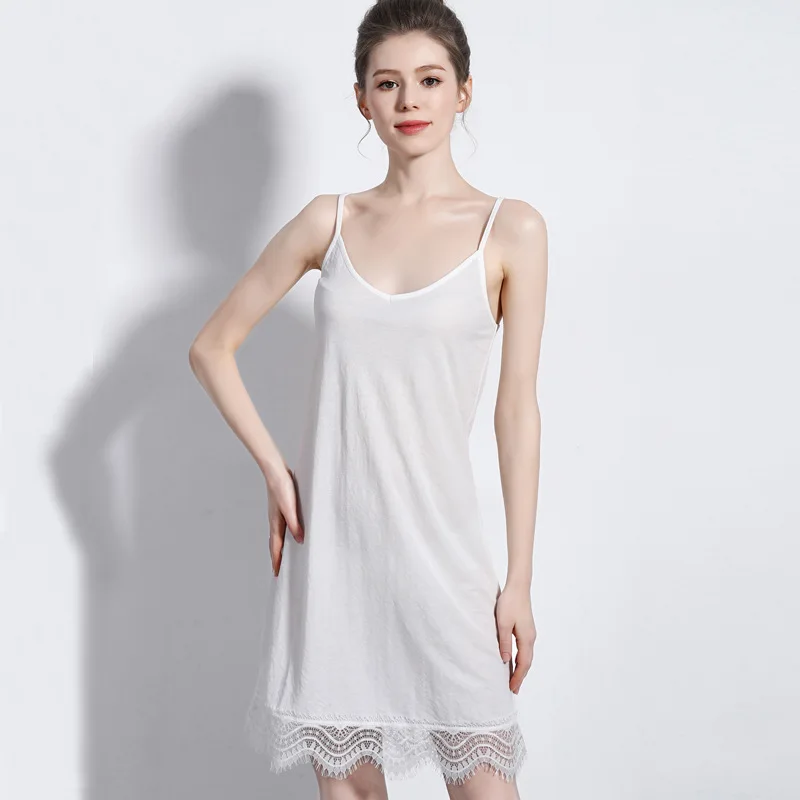 Женское Летнее льняное хлопковое кружевное платье с v-образным вырезом, Длинный жилет, платье-комбинация, свободное нижнее платье - Цвет: Белый