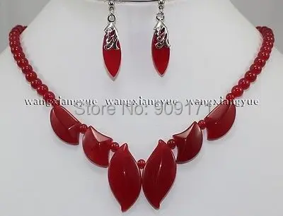 

JHT7868 Free Shipping>>>Charming! Red Round Beads leaves Pendants Necklace earrings set AAA Grade