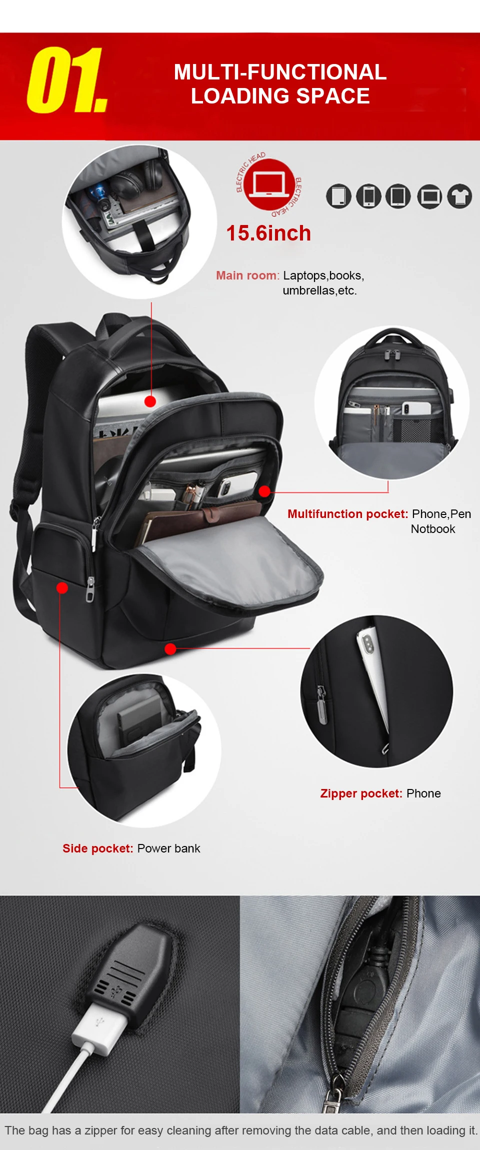 7 Business Men Backpack External USB Backpacking Waterproof School 15.6'' Laptop Travel Bagpack 20L Large Capacity Male Back Pack