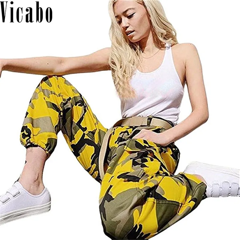 Vicabo камуфляжные штаны женские Camo Cargo тренировочные штаны середине талии печати Карманы брюк Повседневное мешковатые бегунов военные Pantalon