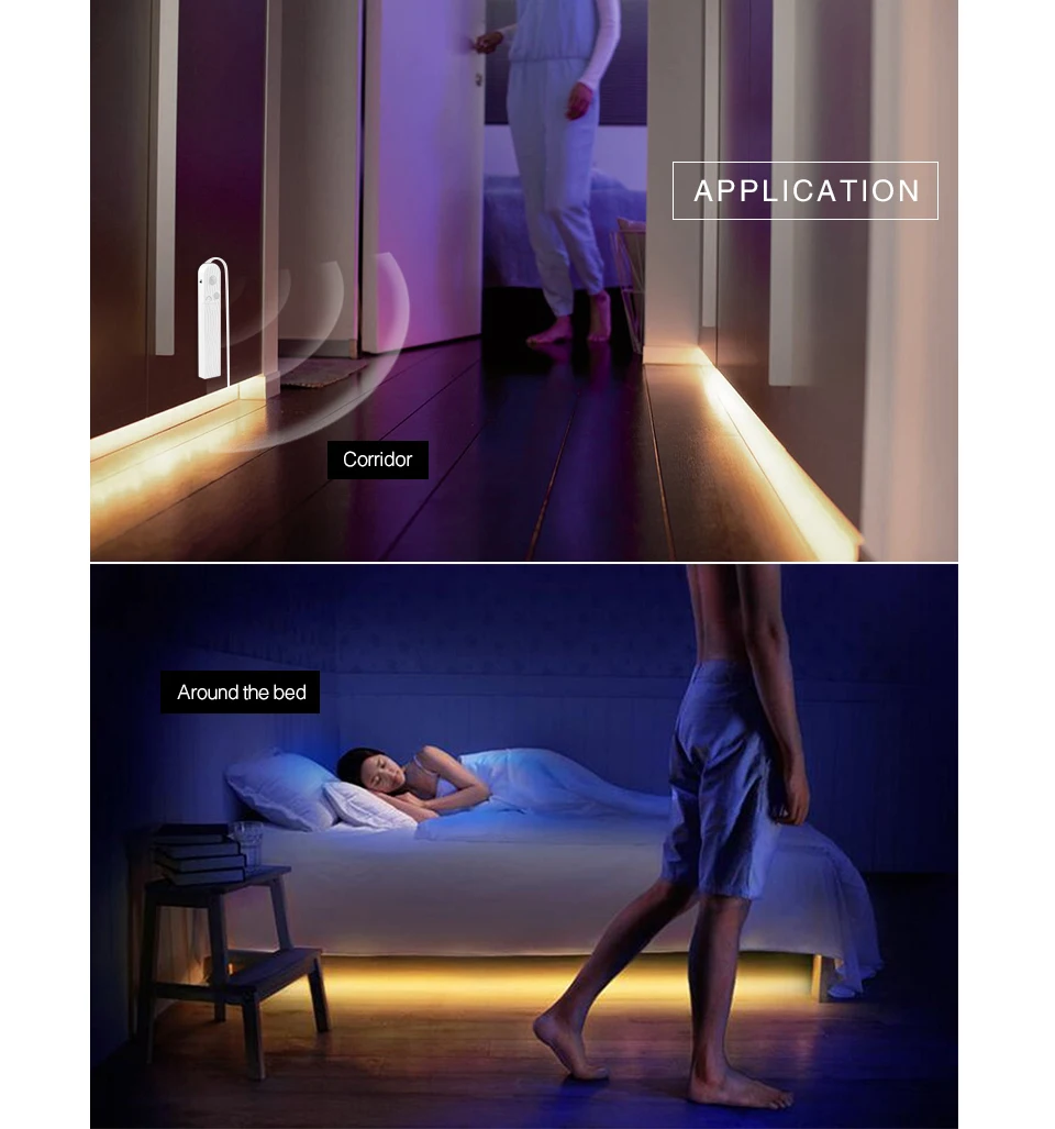 Беспроводной датчик движения лампа Светодиодная лента под кровать свет под кабинет свет 1 м 2 м 3 м Ночной свет шкаф Лестница дверь свет