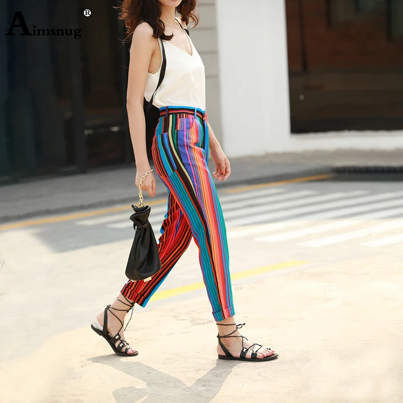 Casual Chiffon Harem Pants Loose Color Striped High Street 2019 Summer Autumn Women Ankle-Length Pants Female Rainbow Pants Casual Chiffon Harem Pants Loose Color Striped High Street 2019 Summer Autumn Women Ankle-Length Pants Female Rainbow Pants