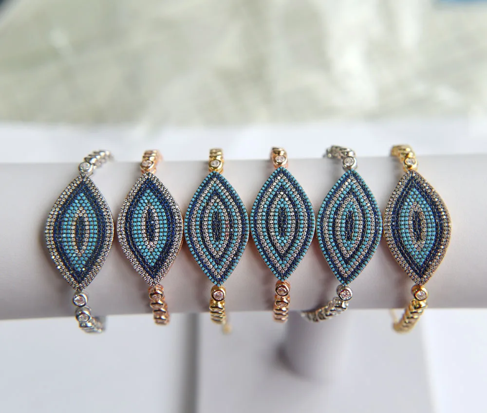 top quality Gold filled jewelry bezel cubic zirconia cz chain slider adjust Lucky turkish evil eye tennis bracelet big fashion