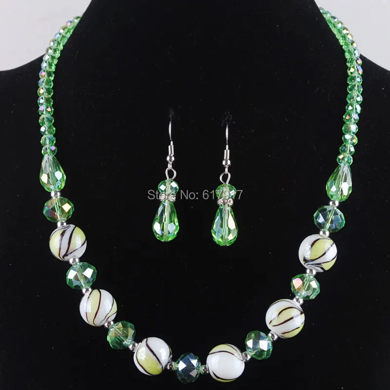 Free Shipping Light Green Crystal Lampwork Glass Round Beads Necklace Earrings Jewelry Set TM3104 | Украшения и аксессуары