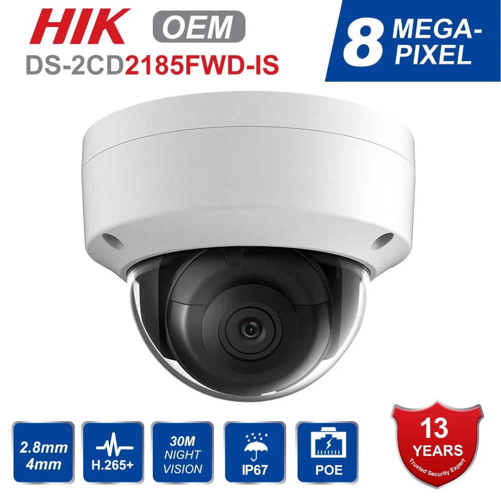 

HIK OEM H.265 CCTV POE IP Camera DS-2CD2185FWD-IS 8 Megapixesl Dome Video Surveillance Cam Built-in SD Slot Audio Interface