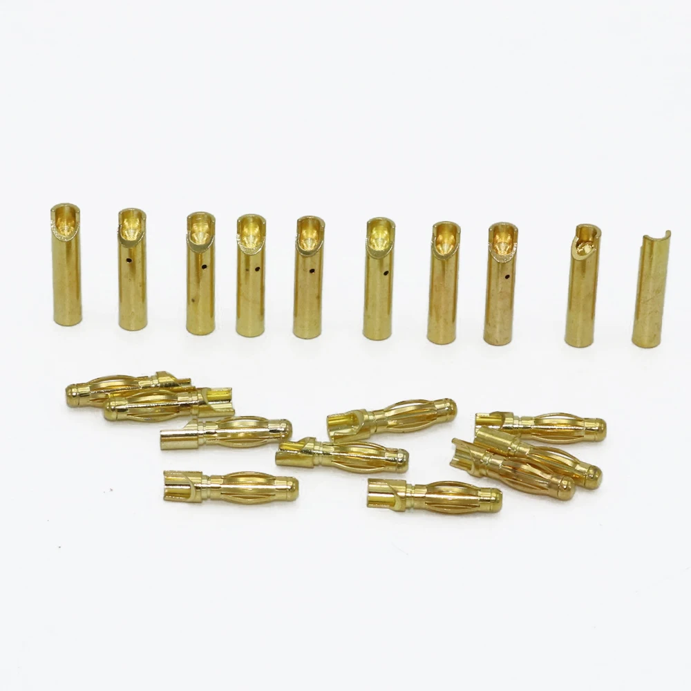 Vue d'ensemble du lot de 20 connecteurs banane pour RC, organisés par taille : 3.5mm, 4mm, 4.5mm.