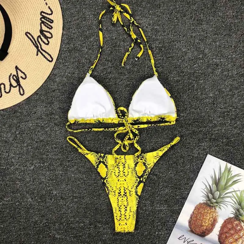 2019 New High Waist Bikini set Yellow Bandeau Swimsuit Sexy Print Thong Bikini Women Swimwear Two-pieces Bather Bathing Suit