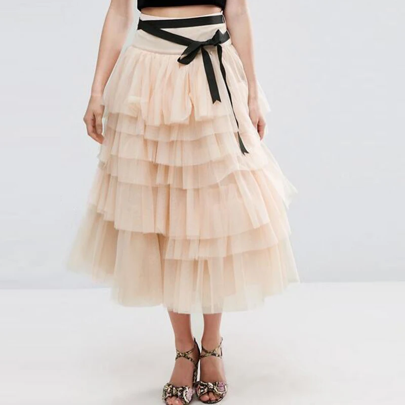 Peach Color Tiered Mid Calf Women Tulle Skirts For Prom With Black Sash Women Summer Spring Clothing 2017 Tutu Skirt Bottom