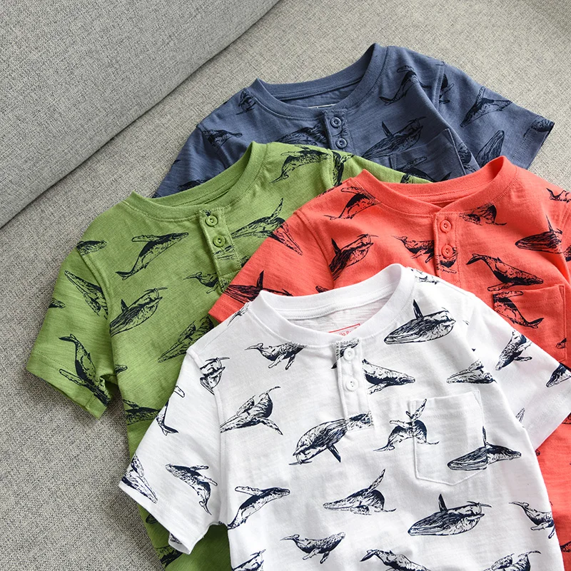 Летняя одежда для мальчиков; Новинка года; футболка с короткими рукавами для мальчиков-подростков; детские топы из бамбукового хлопка с принтом дельфина; BC644