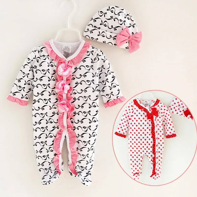 Newborn Baby Girl Cotton Footies With Cap Ruffle Print Bow 1piece Overall Sleepwear Infant Girls