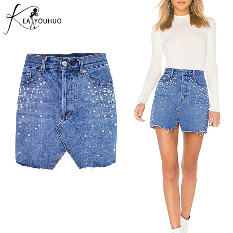 

2018 Summer Women Clothes Sexy Pencil Skirts Denim High Waist Pearl Jeans Woman Short Skirts For Women Pants Trousers Jupe Femme