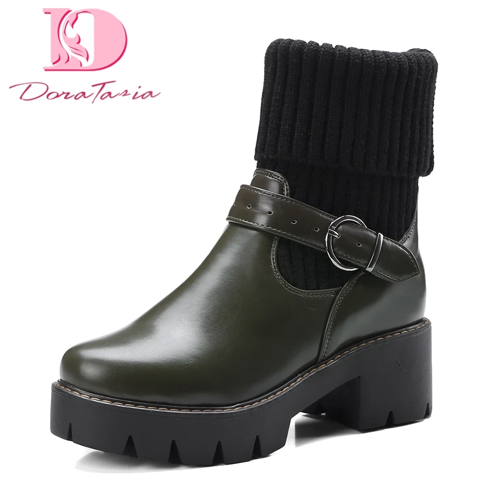

Doratasia Brand new Large Size 32-43 Slip On Shoes Woman Boots Solid Square Heels Black Green Ankle Boots Female Shoes Woman