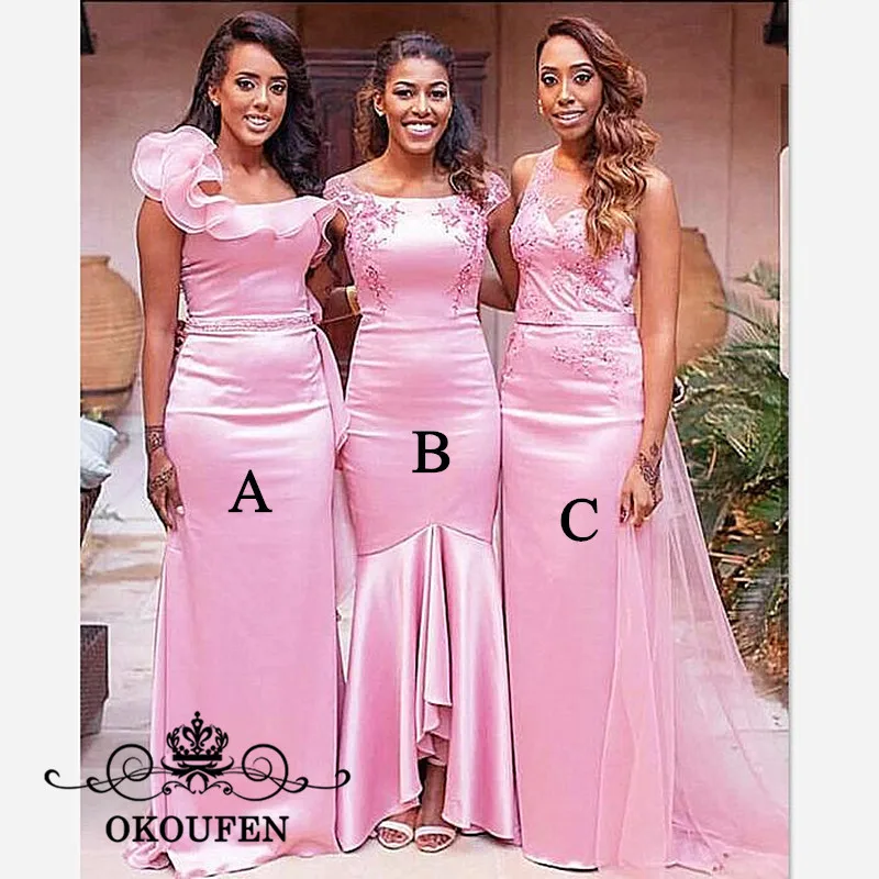 Новые Русалка подружки невесты платья для женщин с аппликацией бусины 3 вида стилей розовый эластичный атлас длинные горничной