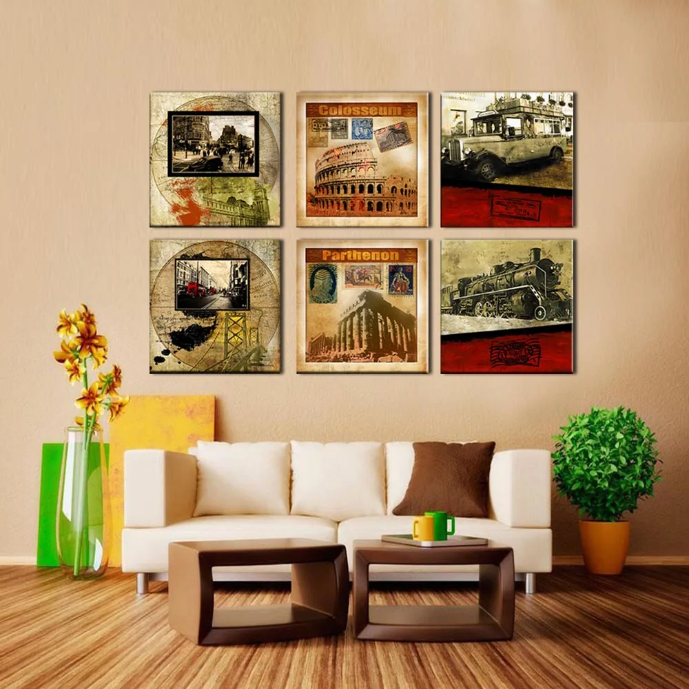 6pcs HD Canvas painting 6 pieces/set Modern colosseum-parthen Antique train car on- wall pictures kids room wall decor No Frame